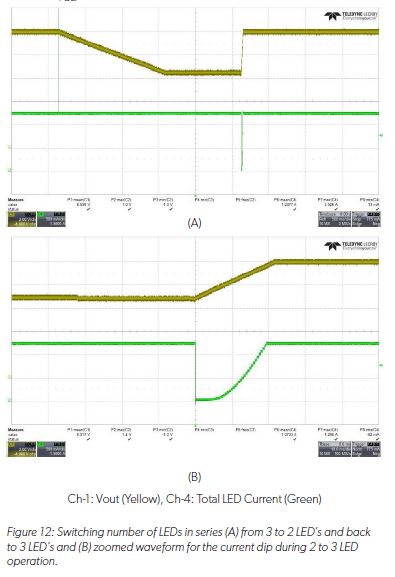 An Efficient Voltage Optimized LED Driver with Synchronous Buck Pre-Regulator Module: Figure 12 Switching number of LEDs in series from 3 to 2 LED's and back to 3 LEDs