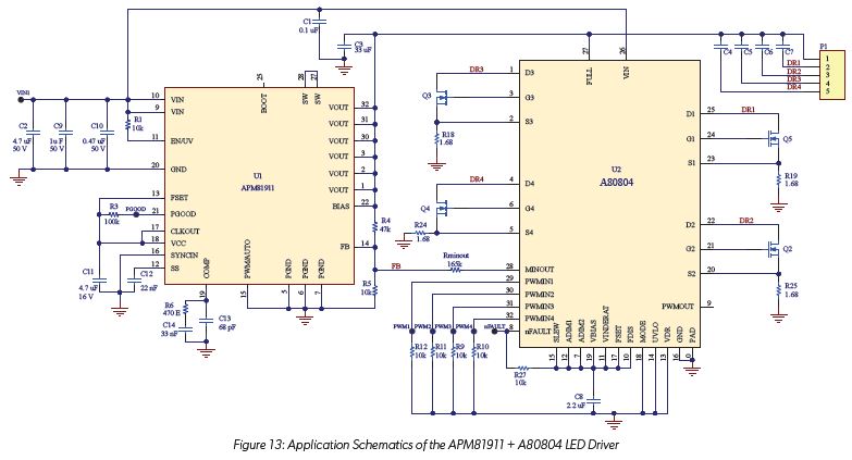 An Efficient Voltage Optimized LED Driver with Synchronous Buck Pre-Regulator Module: Figure 13 Application Schematics of the APM81911
