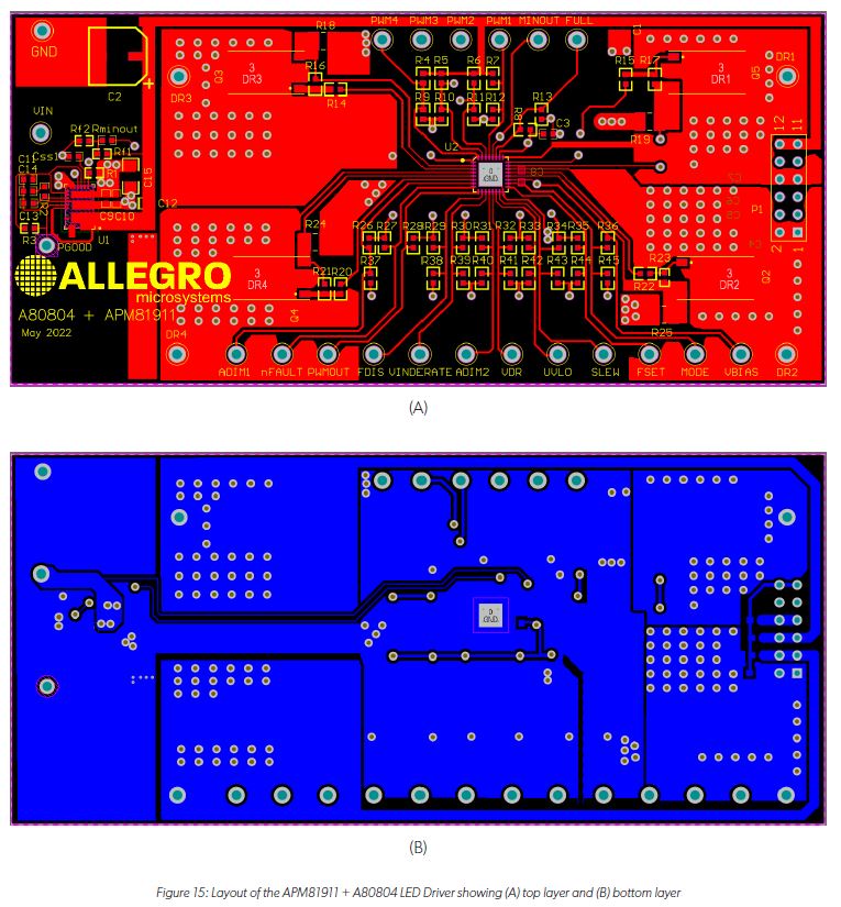 An Efficient Voltage Optimized LED Driver with Synchronous Buck Pre-Regulator Module: Figure 15 Layout of the APM81911 and A80804 LED Driver