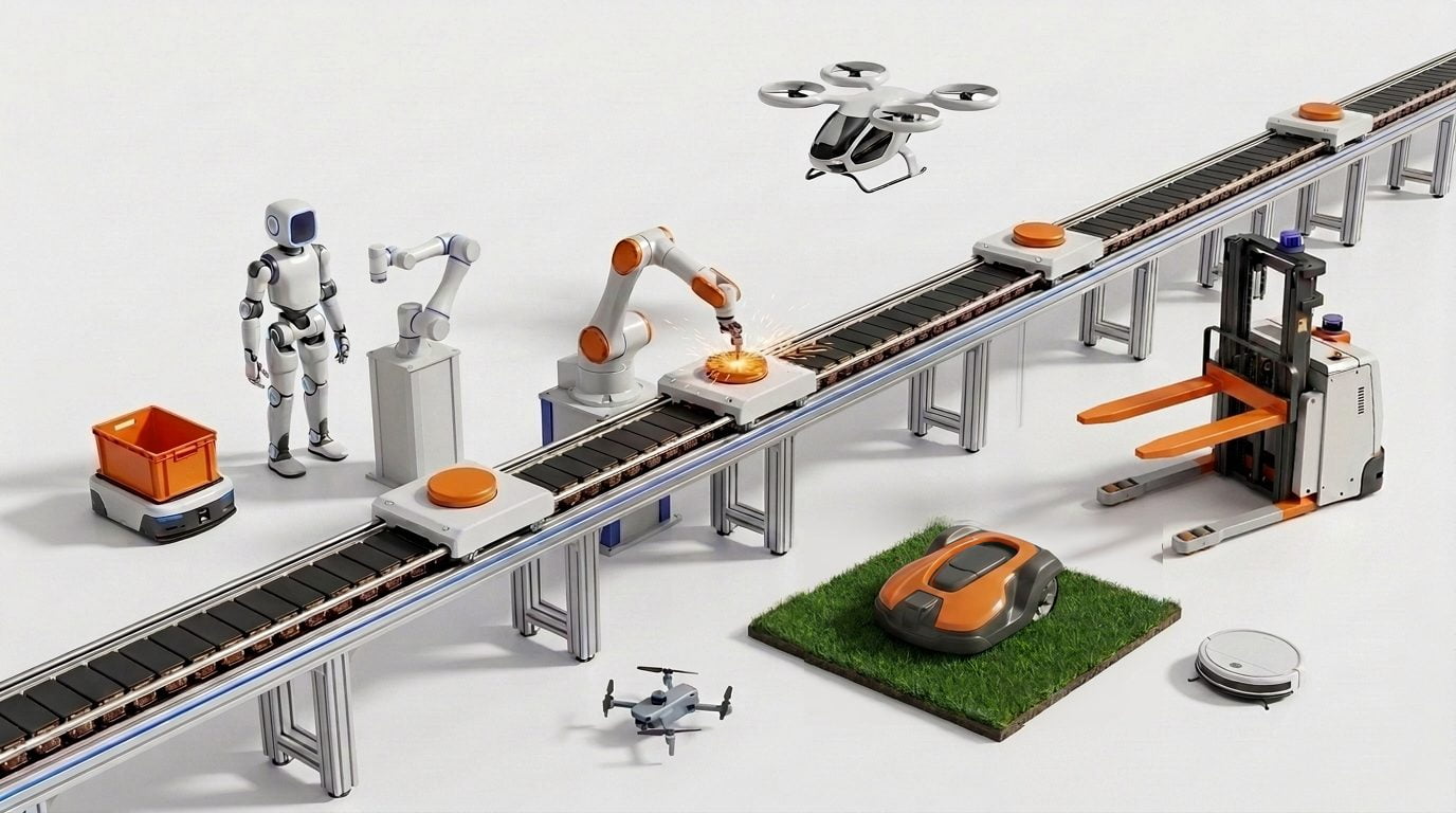 Isometric robotics scene — 48V service robots, industrial automation with a linear transport system, and consumer robots
