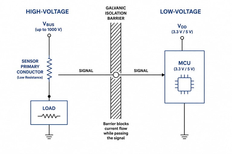 Diagram showing a galvanic isolation barrier separating a high-voltage current sensor circuit