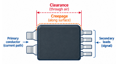Figure 4: Creepage and clearance paths between the primary current conductor and secondary signal leads of an isolated current-sensor package.