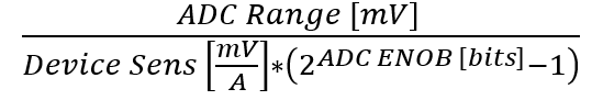 Equation for ADC resolution of the sensor output in amps