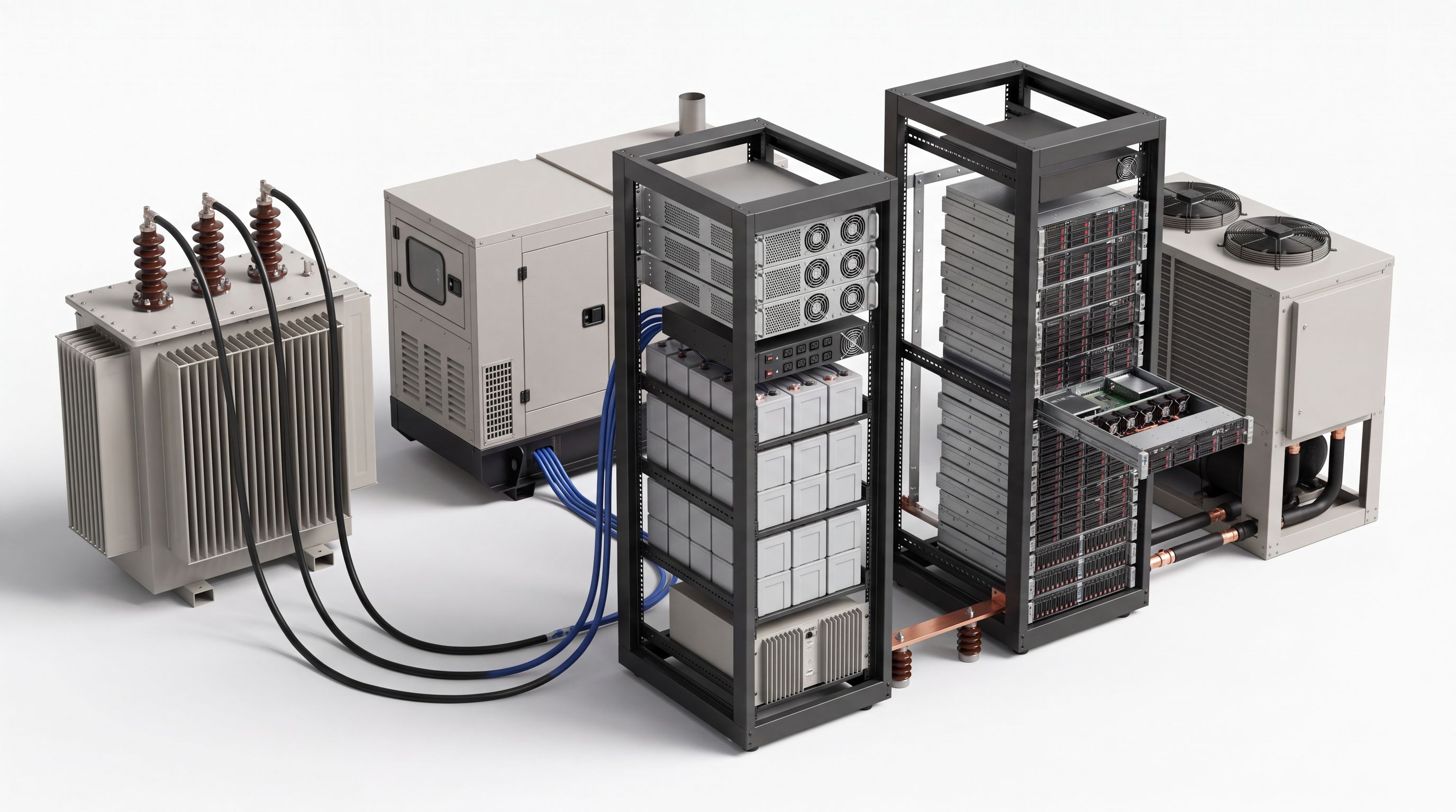 Isometric AI data center power chain — utility transformer, backup generator, power sidecar with rectifier shelves, PDU and battery backup, AI compute rack with a serviceable fan tray, and liquid-cooling sidecar
