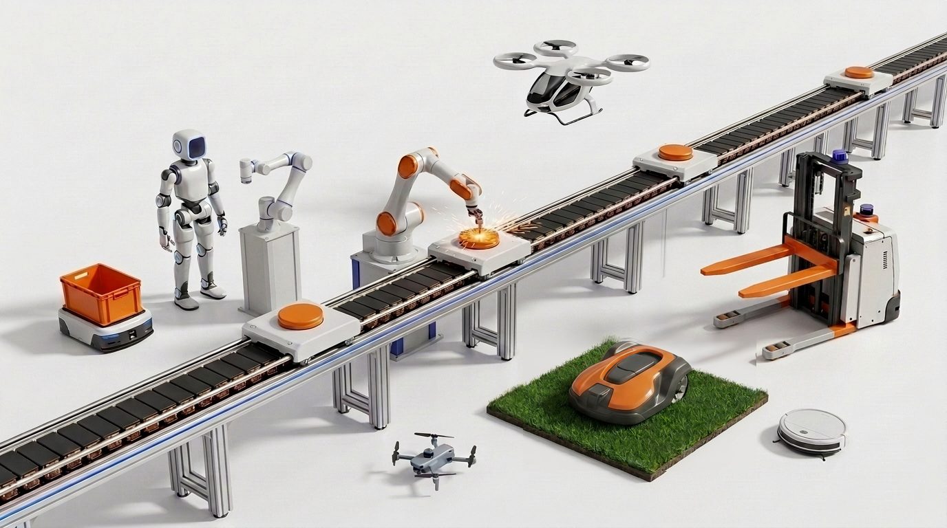 Isometric robotics scene — 48V service robots, industrial automation with a linear transport system, and consumer robots